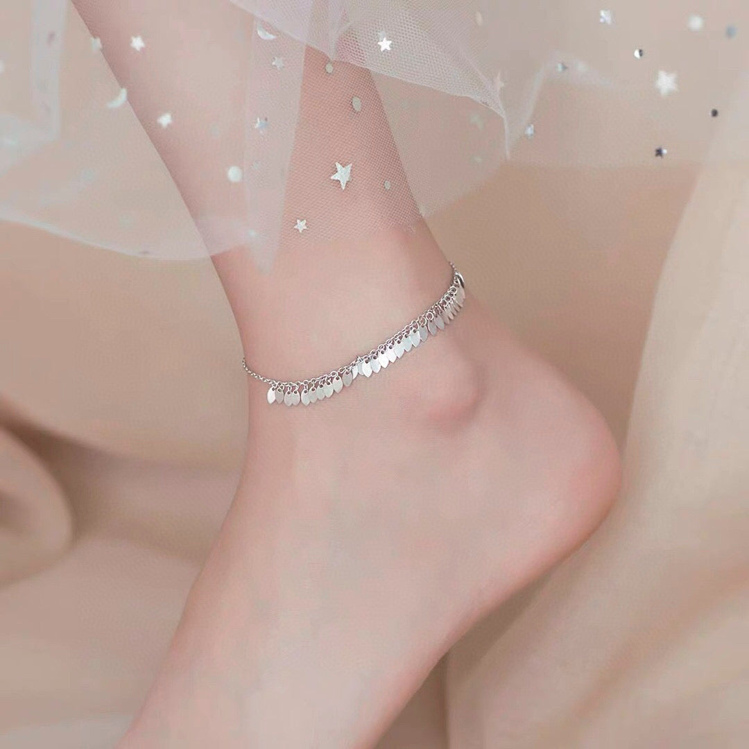 Summer Limited Edition: Fashion Ankle Bracelet, Glossy Lace Leaf Ankle Bracelet, Ethnic Style with Flowing Leaves, Sterling Silver, 1.6 grams