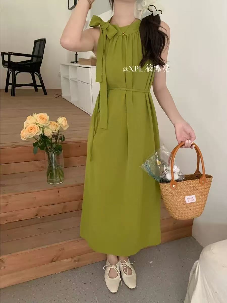 Summer Style Sleeveless Shoulder-Over-The-Shoulder French Vacation-Style Draping Bow Loose