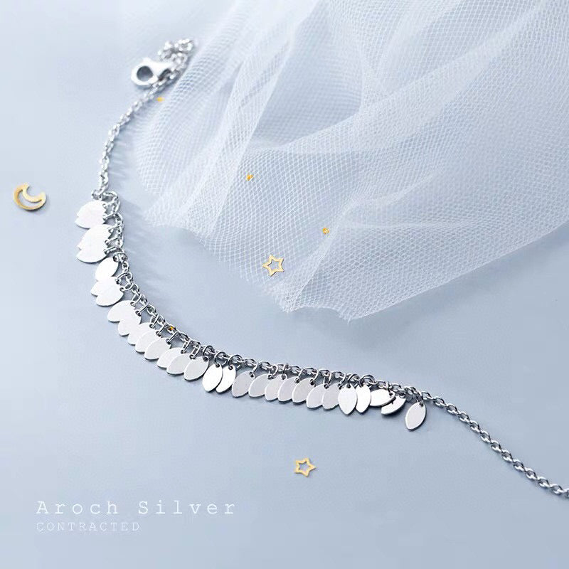 Summer Limited Edition: Fashion Ankle Bracelet, Glossy Lace Leaf Ankle Bracelet, Ethnic Style with Flowing Leaves, Sterling Silver, 1.6 grams