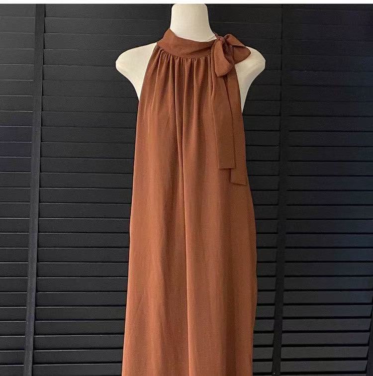 Summer Style Sleeveless Shoulder-Over-The-Shoulder French Vacation-Style Draping Bow Loose